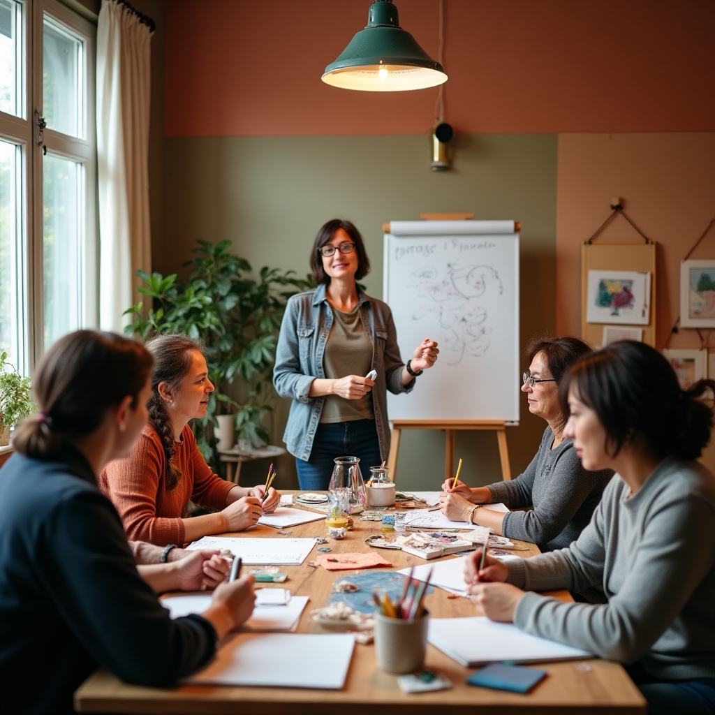 Atelier comunitar cu adulți participând la activități creative