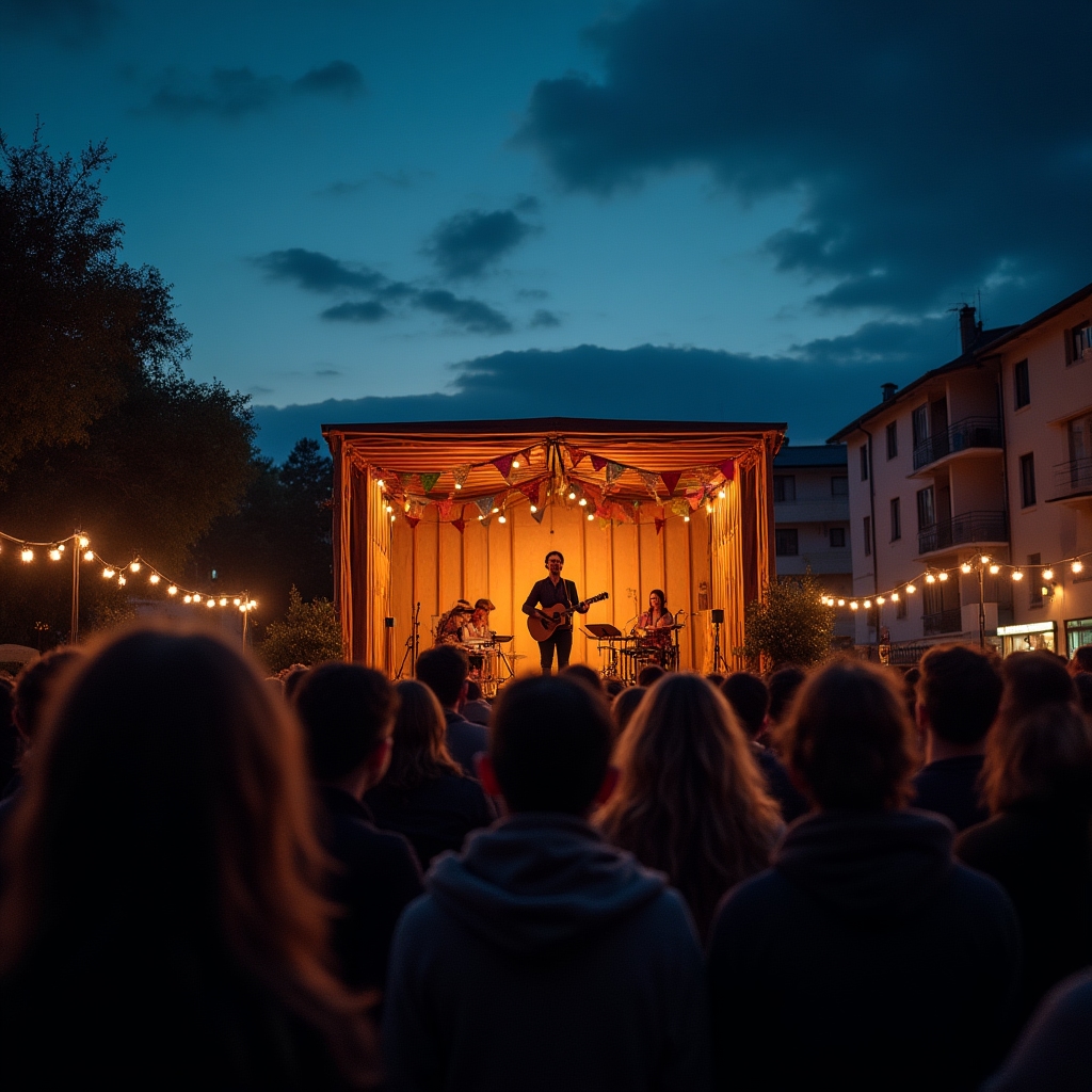 Festival de muzică în cartier cu scenă improvizată și public numeros